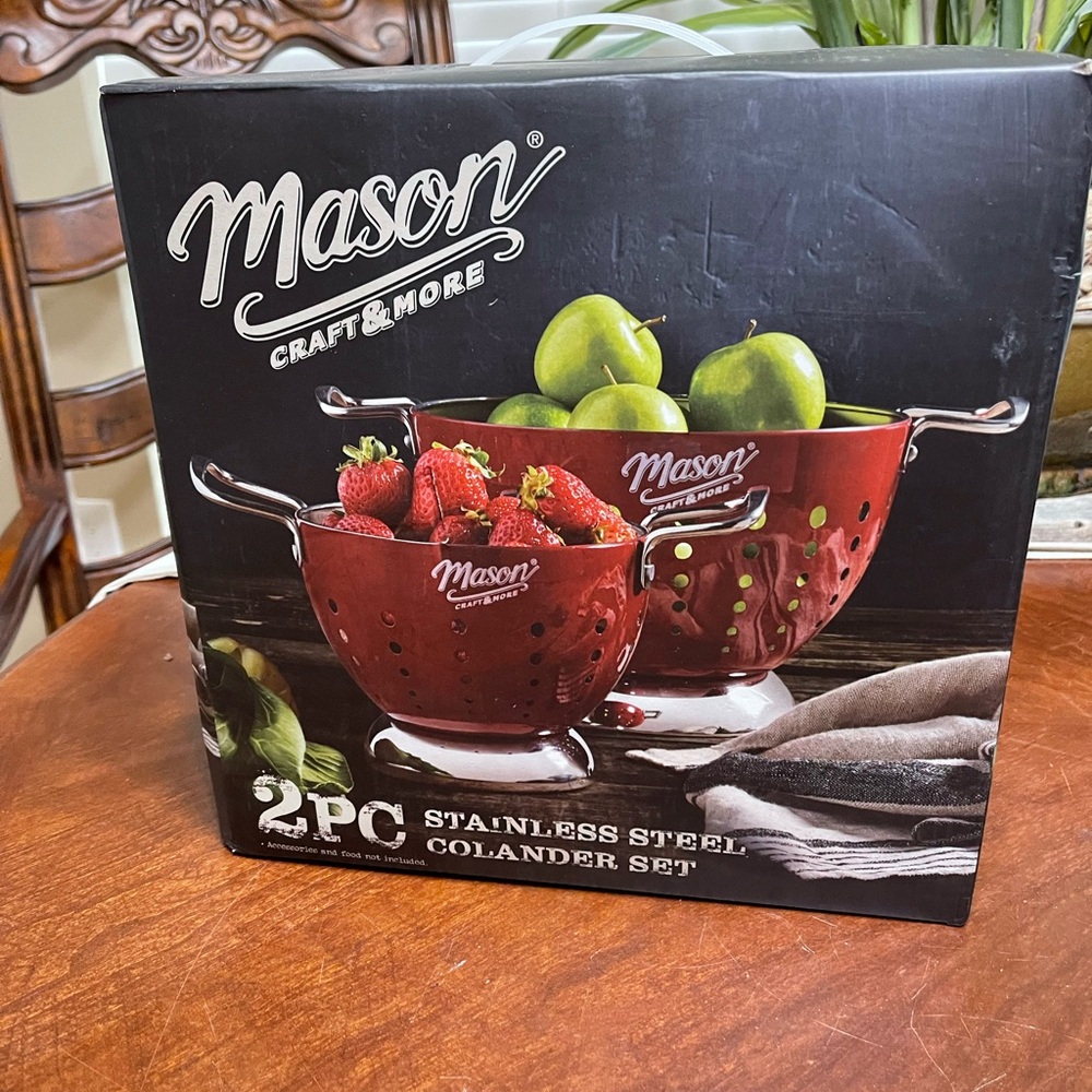 Mason Craft & More 2 Pc Stainless Steel Colander Set. Red and silver color NEW